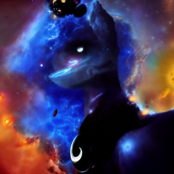 Size: 2048x2048 | Tagged: safe, derpibooru import, generator:purplesmart.ai, generator:stable diffusion, machine learning generated, princess luna, alicorn, pony, ethereal mane, female, giant pony, macro, mare, moon, solo, space, stars