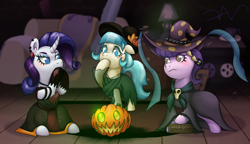 Size: 3500x2021 | Tagged: safe, artist:swasfews, derpibooru import, coco pommel, rarity, suri polomare, earth pony, pony, unicorn, blushing, book, clothes, costume, dress, ear piercing, ears, female, floppy ears, halloween, hat, holiday, jack-o-lantern, mare, nightmare night costume, piercing, pumpkin, spellbook, trio, witch costume, witch hat