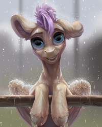 Size: 2400x3000 | Tagged: safe, artist:mithriss, derpibooru import, oc, oc only, pegasus, pony, male, one ear down, open mouth, open smile, rain, smiling, solo, stallion, wet, wet mane, wings