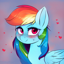 Size: 512x512 | Tagged: safe, derpibooru import, machine learning generated, rainbow dash, pegasus, pony, blushing, female, floating heart, folded wings, half body, heart, looking at you, mare, smiling, smiling at you, solo, wings