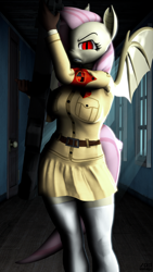 Size: 2160x3840 | Tagged: safe, artist:nologo, derpibooru import, fluttershy, anthro, bat pony, undead, vampire, 3d, angry, anti-materiel rifle, anti-tank rifle, armband, bat ponified, clothes, cosplay, costume, crossover, fangs, female, flutterbat, gun, hallway, hellsing, hellsing ultimate, indoors, looking at you, mare, night, race swap, rifle, seras victoria, skirt, slit eyes, socks, solo, source filmmaker, standing, stockings, thigh highs, uniform, weapon