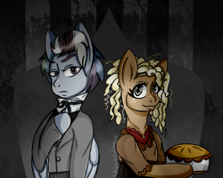 Size: 1280x1024 | Tagged: safe, artist:chimmycherr, derpibooru import, applejack, rainbow dash, earth pony, pegasus, pony, appledash, clothes, crossover, curly hair, female, food, freckles, halloween, height difference, holiday, lesbian, mare, nightmare night, pie, shipping, suit, wings