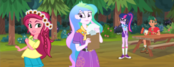 Size: 2814x1080 | Tagged: safe, derpibooru import, edit, edited screencap, screencap, gloriosa daisy, princess celestia, principal celestia, sci-twi, timber spruce, twilight sparkle, equestria girls, legend of everfree, camp everfree outfits, clipboard, clothes, composite screencap, flower, flower in hair, geode of fauna, geode of shielding, geode of sugar bombs, geode of super speed, geode of super strength, glasses, magical geodes, outdoors, ponytail, scout uniform, shirt, shorts, tree