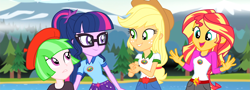 Size: 3009x1080 | Tagged: safe, derpibooru import, edit, edited screencap, screencap, applejack, sci-twi, sunset shimmer, twilight sparkle, watermelody, equestria girls, legend of everfree, beret, camp everfree outfits, clothes, composite screencap, glasses, hat, outdoors, ponytail, shirt, shorts, tree