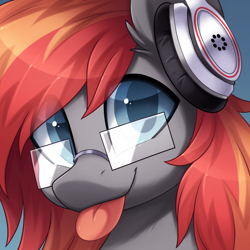 Size: 1000x1000 | Tagged: safe, artist:scarlet-spectrum, derpibooru import, oc, oc only, oc:solder point, earth pony, pony, :p, blue eyes, bust, commission, cute, glasses, headphones, male, simple background, solo, stallion, tongue, tongue out