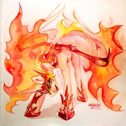 Size: 1728x1729 | Tagged: safe, artist:mithriss, derpibooru import, daybreaker, alicorn, pony, armor, fangs, female, fire, folded wings, grin, helmet, hoof shoes, looking at you, mane of fire, mare, open mouth, simple background, smiling, traditional art, watercolor painting, wings