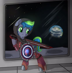 Size: 5000x5040 | Tagged: safe, artist:appleneedle, derpibooru import, oc, bat pony, pony, art, athena, borderlands, character, clothes, commission, cosplay, costume, digital, draw, drawing, fanart, moon, paint, painting, shield, space, station, sword, weapon
