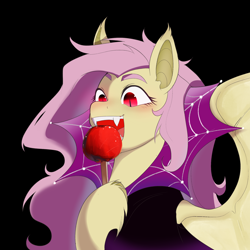 Size: 2048x2048 | Tagged: safe, artist:aztrial, derpibooru import, fluttershy, bat pony, pony, apple, black background, candy apple (food), cape, clothes, cute, eating, fangs, female, flutterbat, food, mare, open mouth, race swap, shyabates, shyabetes, simple background, solo, unshorn fetlocks