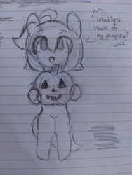 Size: 3468x4624 | Tagged: safe, artist:seylan, derpibooru import, oc, oc only, oc:cherro, pony, halloween, holiday, jack-o-lantern, lined paper, pumpkin, solo, traditional art