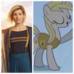Size: 2880x2880 | Tagged: safe, derpibooru import, earth pony, human, pony, winter wrap up, background pony, comparison, doctor who, female, irl, irl human, jodie whittaker, mare, photo, thirteenth doctor, winter wrap up vest