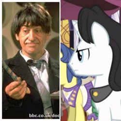 Size: 2880x2880 | Tagged: safe, derpibooru import, human, pony, unicorn, the best night ever, background pony, bowtie, clothes, comparison, doctor who, frock coat, irl, irl human, male, photo, recorder, second doctor, shirt, stallion