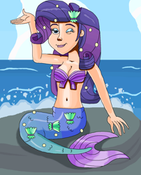 Size: 1122x1387 | Tagged: safe, artist:ocean lover, derpibooru import, rarity, human, mermaid, bare shoulders, beach, beautiful, beautiful eyes, beautisexy, belly, belly button, blue eyes, boulder, bra, breasts, cleavage, clothes, cloud, costume, darling, disney style, dress, elegant, eyeliner, fabulous, fins, fish tail, girly girl, halloween, halloween costume, human coloration, humanized, lips, looking at you, makeup, mermaid tail, mermaidized, mermarity, midriff, nightmare night costume, ocean, one eye closed, outdoors, pose, pretty, purple hair, rarity's mermaid dress, rock, seashell, seashell bra, sexy, shell, shiny skin, sitting, species swap, stupid sexy rarity, tail, tail fin, underwear, water, wink, winking at you