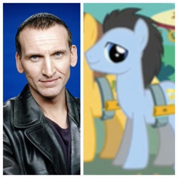 Size: 2880x2880 | Tagged: safe, derpibooru import, lucky clover, earth pony, human, pony, the best night ever, background pony, christopher eccleston, comparison, doctor who, jumper, leather, ninth doctor, peacoat