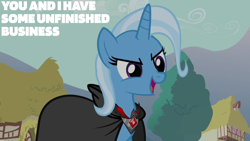 Size: 1920x1080 | Tagged: safe, derpibooru import, edit, edited screencap, editor:quoterific, screencap, trixie, magic duel, alicorn amulet, cape, clothes, solo