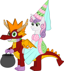 Size: 6625x7382 | Tagged: safe, artist:moonlight bloom, derpibooru import, spike, sweetie belle, dragon, pony, unicorn, .svg available, absurd resolution, clothes, costume, costume dragon, dress, female, filly, foal, hat, hennin, lidded eyes, looking at you, male, nightmare night, nightmare night costume, older, older spike, older sweetie belle, ponies riding dragons, princess costume, quadsuit, riding, simple background, smiling, tape, teenage spike, teenage sweetie belle, teenager, transparent background, vector