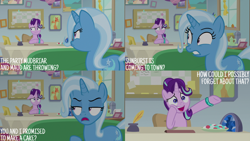 Size: 4400x2475 | Tagged: safe, derpibooru import, edit, edited screencap, editor:quoterific, screencap, starlight glimmer, trixie, student counsel, ears, floppy ears, geode, inkwell, quill, starlight's office