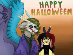 Size: 1034x772 | Tagged: safe, artist:frikiflash, derpibooru import, discord, fluttershy, antlers, clothes, costume, dc comics, discoshy, female, halloween, halloween costume, harley quinn, holiday, horn, joker, jokercord, makeup, male, peace sign, shipping, spread wings, straight, wings