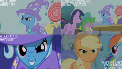 Size: 4400x2475 | Tagged: safe, derpibooru import, edit, edited screencap, editor:quoterific, screencap, applejack, candy mane, lyra heartstrings, rainbow dash, spike, trixie, twilight sparkle, boast busters