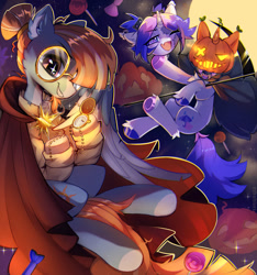 Size: 1280x1366 | Tagged: safe, artist:astralblues, derpibooru import, oc, oc only, pegasus, pony, unicorn, candy, cape, clothes, food, glasses, halloween, holiday, jack-o-lantern, moon, pocket watch, pumpkin, scythe