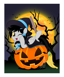 Size: 4188x5000 | Tagged: safe, artist:jhayarr23, derpibooru import, oc, oc only, oc:lightning dee, bat, pegasus, pony, broom, cape, clothes, commission, fangs, female, folded wings, halloween, hat, holiday, jack-o-lantern, mare, moon, night, night sky, one eye closed, pumpkin, sky, solo, spider web, tree, wings, wink, witch hat, ych result