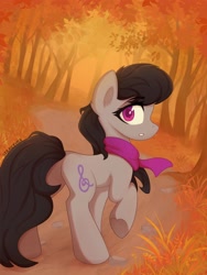 Size: 2700x3600 | Tagged: safe, artist:stravy_vox, derpibooru import, octavia melody, earth pony, pony, autumn, clothes, female, forest, looking at you, scarf, solo