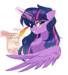 Size: 2055x2266 | Tagged: safe, alternate version, artist:spoosha, derpibooru import, twilight sparkle, twilight sparkle (alicorn), alicorn, pony, bust, chest fluff, female, glasses, glowing, glowing horn, horn, implied flurry heart, letter, levitation, magic, mare, quill, simple background, solo, sweat, sweatdrops, telekinesis, textless, textless version, white background