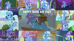 Size: 1977x1113 | Tagged: safe, derpibooru import, edit, edited screencap, editor:quoterific, screencap, trixie, pony, unicorn, a horse shoe-in, a matter of principals, all bottled up, boast busters, magic duel, no second prances, road to friendship, student counsel, the ending of the end, to change a changeling, to where and back again, uncommon bond, bag, bipedal, cape, chains, clothes, cute, diatrixes, hat, ponyville, saddle bag, trixie's cape, trixie's hat, trixie's wagon, twilight's castle, wagon