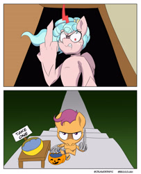 Size: 3000x3700 | Tagged: safe, artist:begoliah, derpibooru import, cozy glow, scootaloo, pegasus, pony, comic:crusaders, amputee, candy, female, filly, foal, food, middle feather, middle finger, prosthetics, pumpkin bucket, vulgar, wing hands