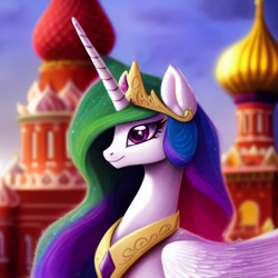 Size: 1024x1024 | Tagged: safe, derpibooru import, editor:dovakkins, generator:purplesmart.ai, generator:stable diffusion, machine learning generated, princess celestia, alicorn, pony, beautiful, bust, cathedral, cute, female, jewelry, moscow, portrait, red square, regalia, smiling, st. basil's cathedral