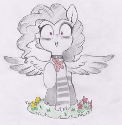 Size: 1952x1989 | Tagged: safe, artist:foxtrot3, derpibooru import, oc, oc only, oc:sock, pegasus, choker, clothes, flower, red eyes, smiling, socks, solo, striped socks, traditional art