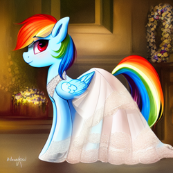 Size: 512x512 | Tagged: safe, derpibooru import, machine learning generated, rainbow dash, pegasus, pony, blushing, clothes, dress, female, looking at you, looking sideways, mare, profile, side view, smiling, smiling at you, solo, wedding dress