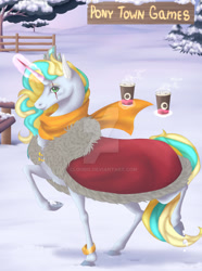 Size: 1280x1723 | Tagged: safe, artist:clouris, derpibooru import, oc, oc only, pony, unicorn, cape, clothes, cup, deviantart watermark, eye scar, facial scar, glowing, glowing horn, horn, magic, obtrusive watermark, outdoors, scar, scarf, snow, solo, telekinesis, unicorn oc, watermark