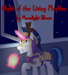 Size: 1559x1716 | Tagged: safe, artist:moonlight bloom, derpibooru import, shining armor, pony, unicorn, fanfic:night of the living plushies, animate object, armor, cookie, cookie jar, cover art, dark, ear pull, food, jar, magic, magic aura, male, night, open window, plushie, solo, stallion, stars, surprised, teddy bear, telekinesis, window