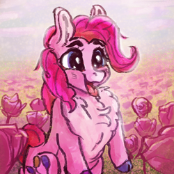 Size: 2000x2000 | Tagged: safe, artist:br0via, derpibooru import, pinkie pie, earth pony, pony, chest fluff, cute, diapinkes, female, flower, flower field, mare, open mouth, solo, tongue, tongue out