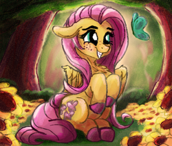 Size: 2000x1700 | Tagged: safe, artist:br0via, derpibooru import, fluttershy, butterfly, pegasus, pony, colored hooves, cute, ears, female, floppy ears, flower, forest, freckles, freckleshy, grin, mare, shyabetes, sitting, sitting up, smiling, solo, sunflower