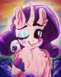 Size: 1080x1350 | Tagged: safe, artist:br0via, derpibooru import, rarity, pony, unicorn, blushing, chest fluff, colored hooves, cute, ear fluff, ears, female, mare, one eye closed, raribetes, smiling, solo