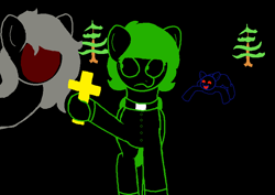 Size: 820x582 | Tagged: safe, artist:jerkface, oc, oc:blocky bits, oc:chroma key, oc:dozy doc, earth pony, monster pony, cross, faith, ms paint, priest, tree