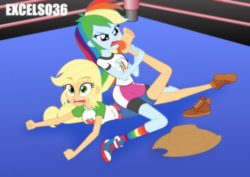 Size: 935x661 | Tagged: safe, artist:excelso36, applejack, rainbow dash, human, equestria girls, barefoot, clothes, concerned, feet, female, fetish, foot fetish, foot worship, gym shorts, lesbian, licking, licking foot, rainbow socks, reference, shipping, shorts, simple background, socks, spongebob reference, spongebob squarepants, sports, sports shorts, striped socks, the fry cook games, tongue, tongue out, wrestling