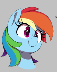 Size: 225x281 | Tagged: safe, artist:thebatfang, derpibooru import, rainbow dash, pegasus, pony, bust, drawthread, female, gray background, mare, portrait, simple background, smiling, solo