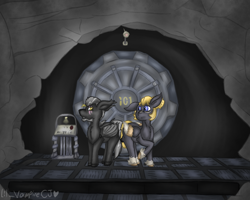 Size: 1280x1024 | Tagged: safe, artist:lil_vampirecj, derpibooru import, oc, oc only, bat pony, pegasus, pony, fallout equestria, commission, ears, ears back, fallout, floppy ears, looking at each other, looking at someone, scene, vault 101, ych result, your character here