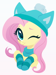 Size: 2248x3000 | Tagged: safe, artist:belka-sempai, derpibooru import, fluttershy, pegasus, pony, adorable face, clothes, cute, daaaaaaaaaaaw, female, hat, looking at you, mare, one eye closed, shyabetes, simple background, smiling, smiling at you, socks, solo, striped socks, weapons-grade cute, white background, wink, winking at you, winter hat
