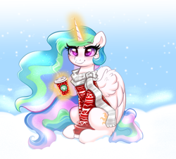 Size: 4000x3613 | Tagged: safe, artist:confetticakez, derpibooru import, princess celestia, alicorn, pony, clothes, coffee, cup, cute, cutelestia, female, glowing, glowing horn, horn, levitation, magic, mare, scarf, sitting, snow, solo, starbucks, sweater, telekinesis