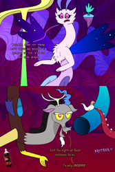 Size: 960x1440 | Tagged: safe, artist:dolphboi, derpibooru import, discord, oc, oc:symphony (draconequus), draconequus, cameo, comic, crossover, discord being discord, dr. bob (soda), duo, female, flying, male, mixed media, open mouth, roy gribbleston, short comic, siblings, starry wings, surreal, talking, the discord zone, wings