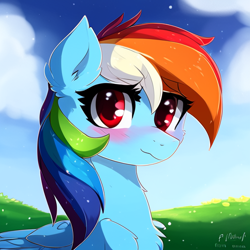 Size: 512x512 | Tagged: safe, derpibooru import, machine learning generated, rainbow dash, pegasus, pony, blushing, ear fluff, ears, female, looking at you, mare, solo, wings