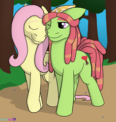 Size: 1650x1746 | Tagged: safe, artist:passionpanther, derpibooru import, fluttershy, tree hugger, earth pony, pegasus, cheek to cheek, couple, duo, duo female, eyes closed, female, flutterhugger, forest, lesbian, nature, one eye closed, shipping, smiling, trotting