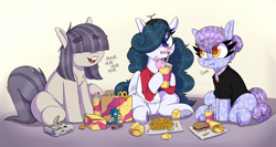 Size: 4500x2388 | Tagged: safe, artist:lockheart, derpibooru import, oc, oc only, oc:dot matrix, oc:n64 mare, oc:sega mare, crystal pony, earth pony, pegasus, pony, beanbrows, blushing, bucktooth, burger, chicken meat, chicken nugget, colored pupils, crystal pony oc, drink, drinking, drinking straw, eyebrows, eyebrows visible through hair, female, food, french fries, game boy, hair over eyes, hair over one eye, happy meal, high res, hoof hold, mare, meat, sitting, sonic the hedgehog, sonic the hedgehog (series), thick eyebrows, trio, underhoof