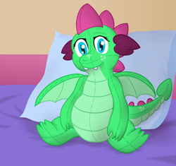 Size: 2800x2630 | Tagged: safe, artist:sweetielover, derpibooru import, oc, oc only, oc:goldigony, dragon, bed, cuddly, cute, dragoness, female, huggable, pillow, plushie, sitting, solo, spread wings, wings