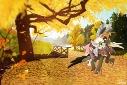 Size: 3000x2000 | Tagged: safe, artist:lionbun, derpibooru import, oc, oc only, oc:blazey sketch, oc:tempest streamrider, pegasus, armor, autumn, background, bow, bridge, carrying, clothes, commission, female, hair bow, injured wing, leaves, male, mare, river, royal guard, socks, stallion, striped socks, tree, water, wings