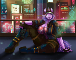 Size: 1230x969 | Tagged: safe, artist:mdwines, derpibooru import, oc, oc:ripy, anthro, unguligrade anthro, unicorn, big breasts, breasts, city, cityscape, cleavage, clothes, cyberpunk, ear piercing, fingerless gloves, gloves, gun, handgun, hat, horn, jacket, lidded eyes, lips, looking at you, piercing, smiling, solo, unicorn oc, weapon