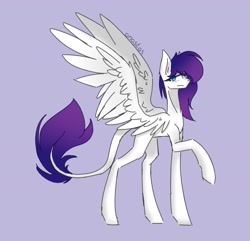 Size: 1280x1234 | Tagged: safe, artist:anastas, derpibooru import, oc, oc only, oc:amethyst dawn, pegasus, pony, blue eyes, colored sketch, gradient mane, leonine tail, purple background, purple mane, raised leg, simple background, sketch, tail, white coat